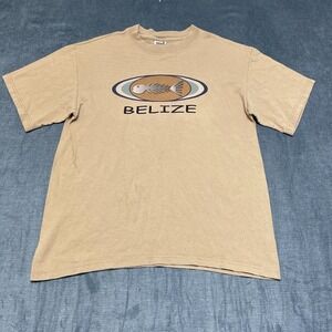 VTG Anvil T-Shirt Mens Medium Beige Cotton Belize Fish Graphic Print Beach Wear